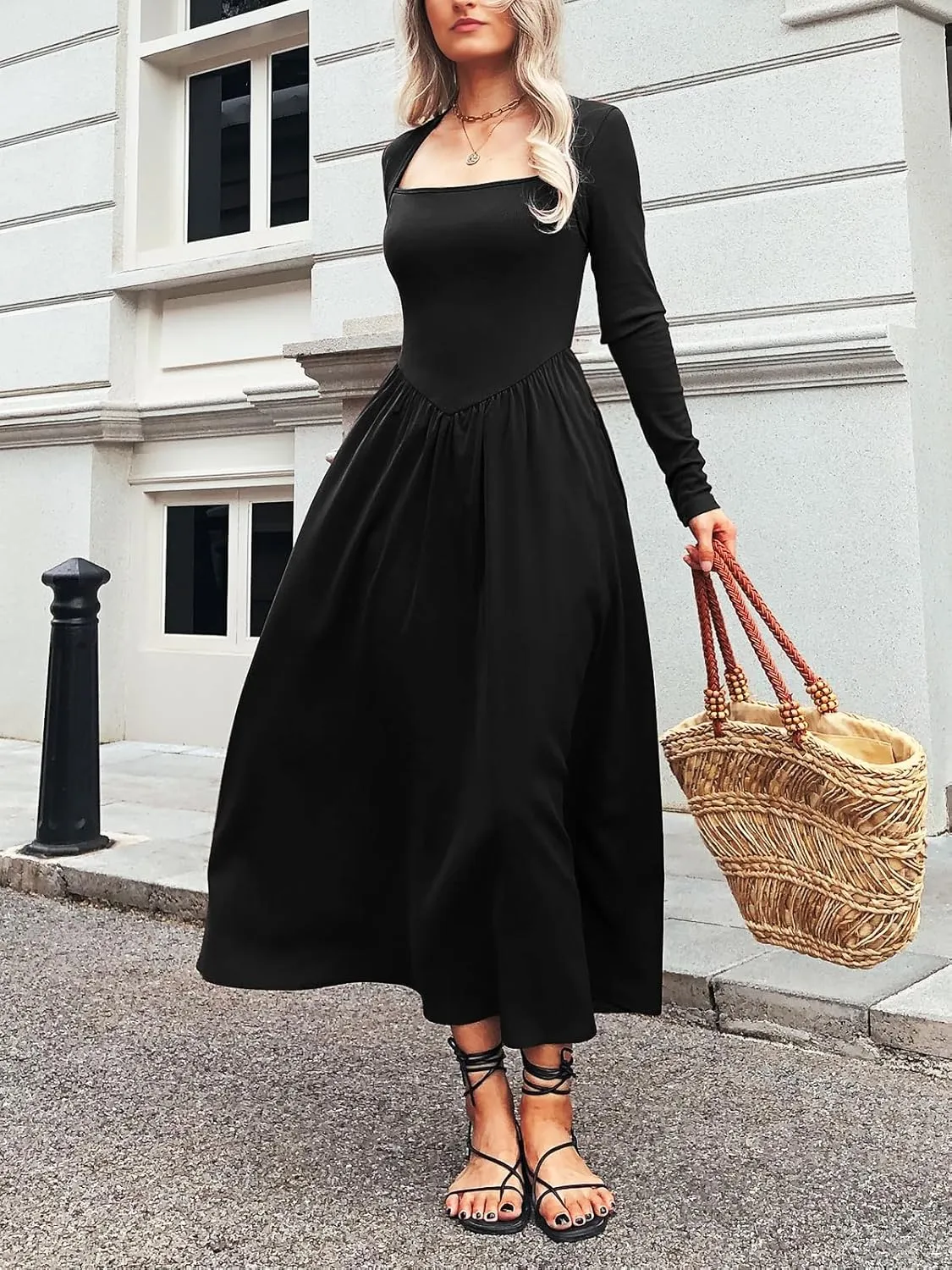 Women's Long Sleeve Maxi Dress 2024 Fall Crewneck Knit Casual Solid Wedding Guest Flowy Long Dress with Pockets