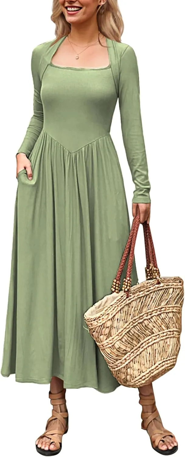 Women's Long Sleeve Maxi Dress 2024 Fall Crewneck Knit Casual Solid Wedding Guest Flowy Long Dress with Pockets
