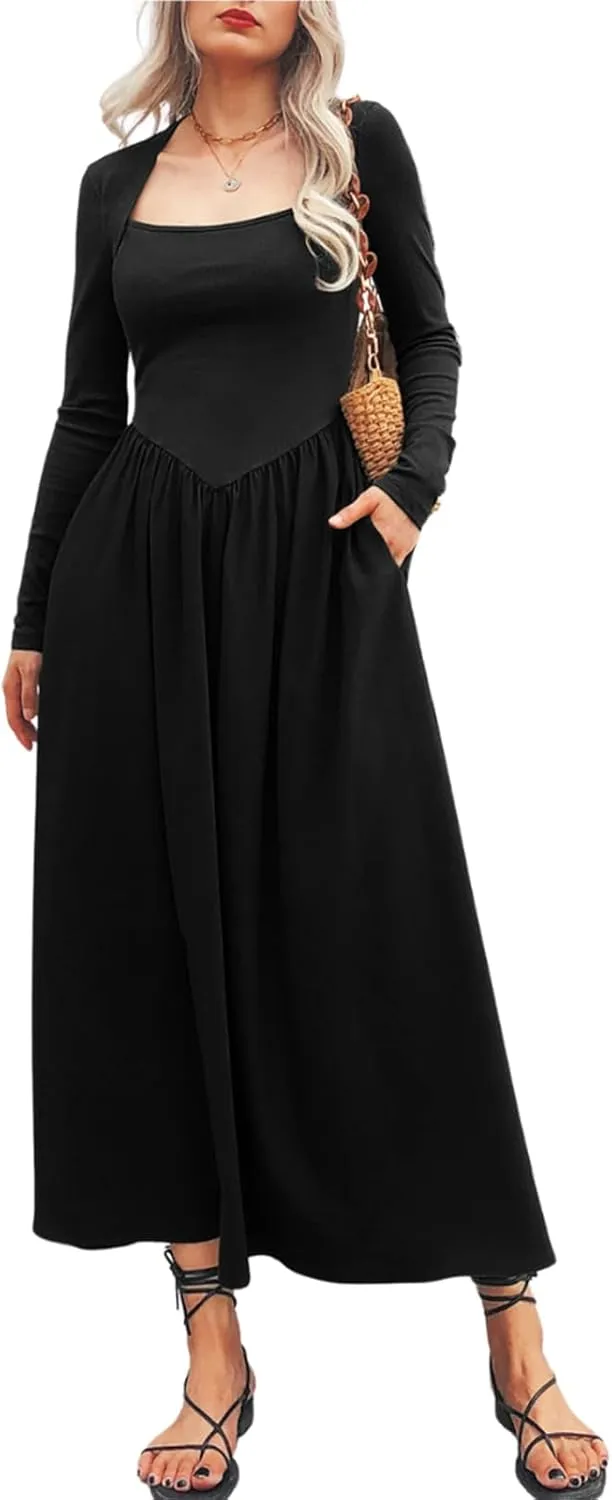 Women's Long Sleeve Maxi Dress 2024 Fall Crewneck Knit Casual Solid Wedding Guest Flowy Long Dress with Pockets