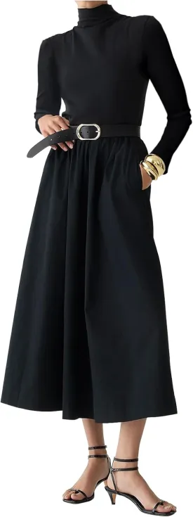 Women's Long Sleeve Turtleneck Maxi Dress Elegant Patchwork Casual Flowy Mock Neck Long Dress with Pockets