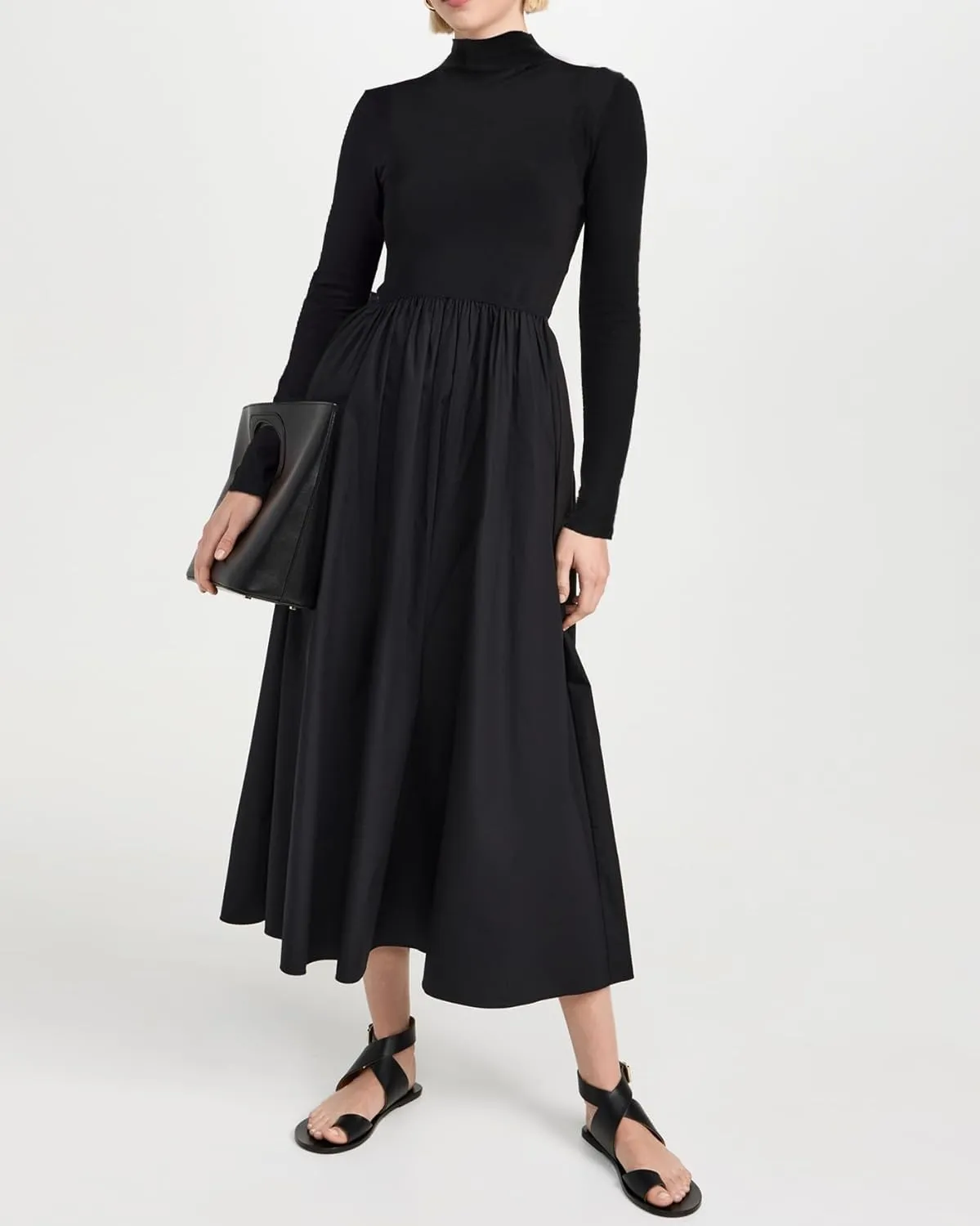 Women's Long Sleeve Turtleneck Maxi Dress Elegant Patchwork Casual Flowy Mock Neck Long Dress with Pockets