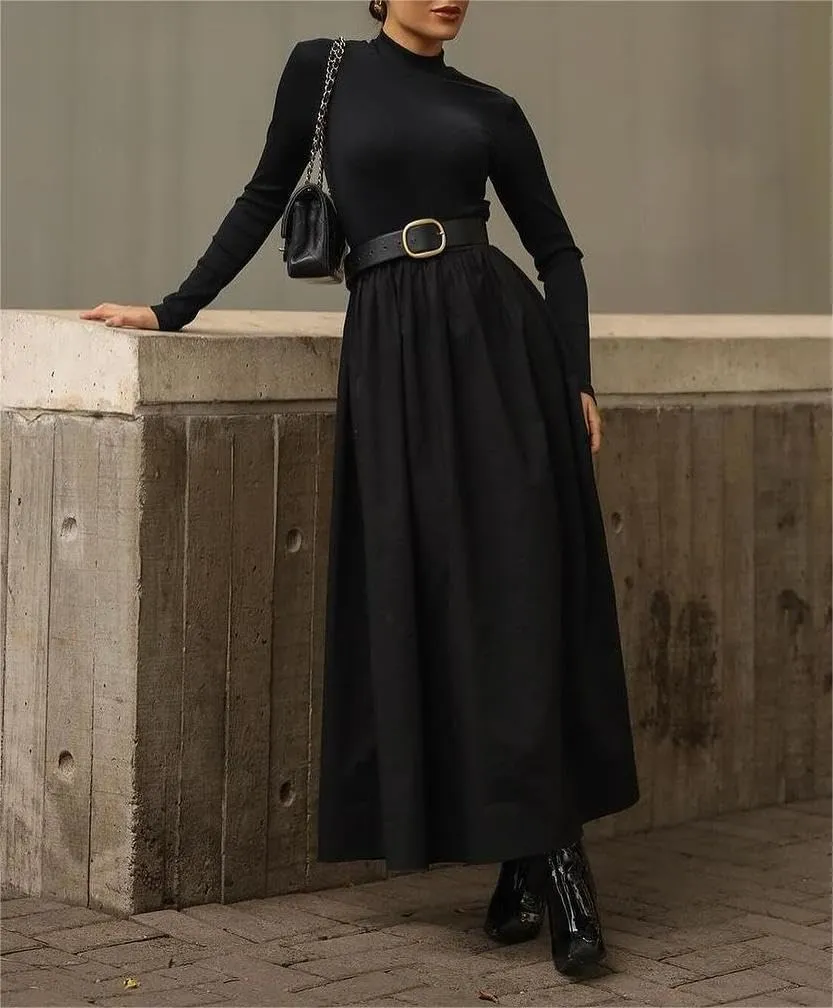 Women's Long Sleeve Turtleneck Maxi Dress Elegant Patchwork Casual Flowy Mock Neck Long Dress with Pockets
