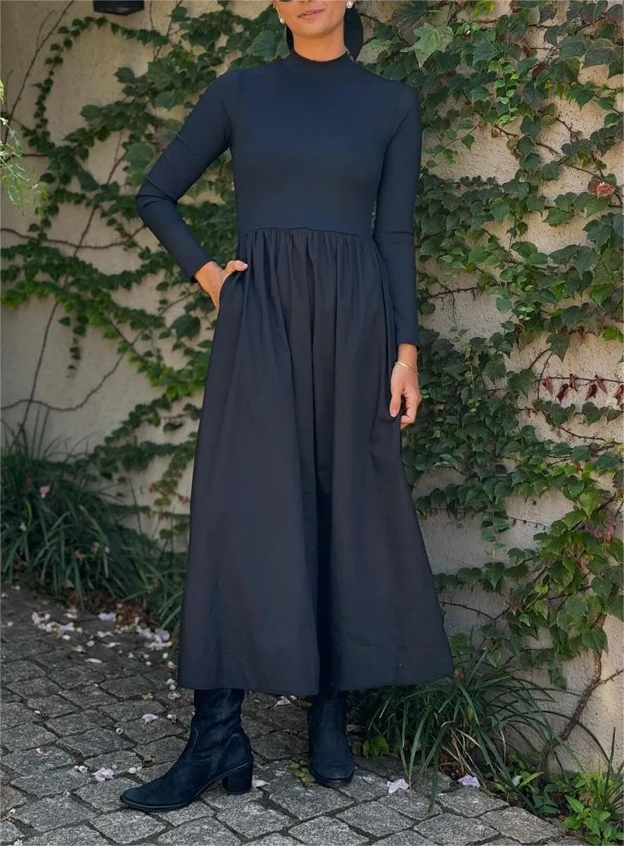 Women's Long Sleeve Turtleneck Maxi Dress Elegant Patchwork Casual Flowy Mock Neck Long Dress with Pockets