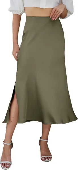 Womens Midi Satin Skirt Side Slit High Elastic Waisted Summer2025 Elegant Solid Skirts for Women
