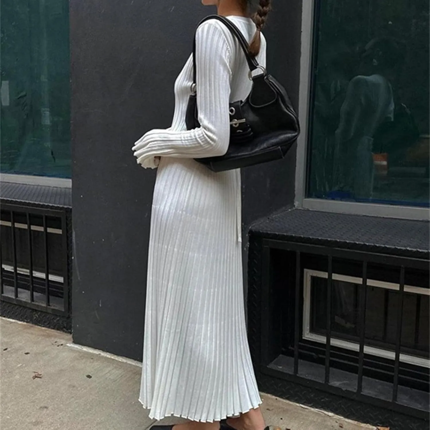 WZTYYDS Women Fall Long Sleeve Knit Dress Elegant Bodycon Dress Crew Neck Ribbed Solid Long Dress Streetwear