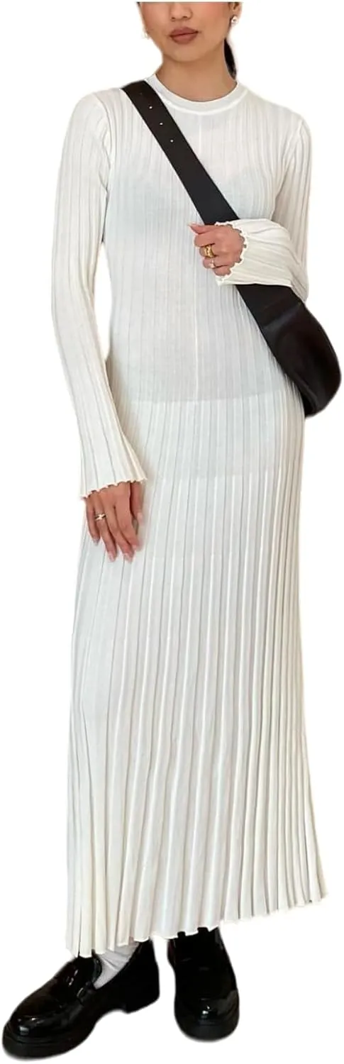 WZTYYDS Women Fall Long Sleeve Knit Dress Elegant Bodycon Dress Crew Neck Ribbed Solid Long Dress Streetwear