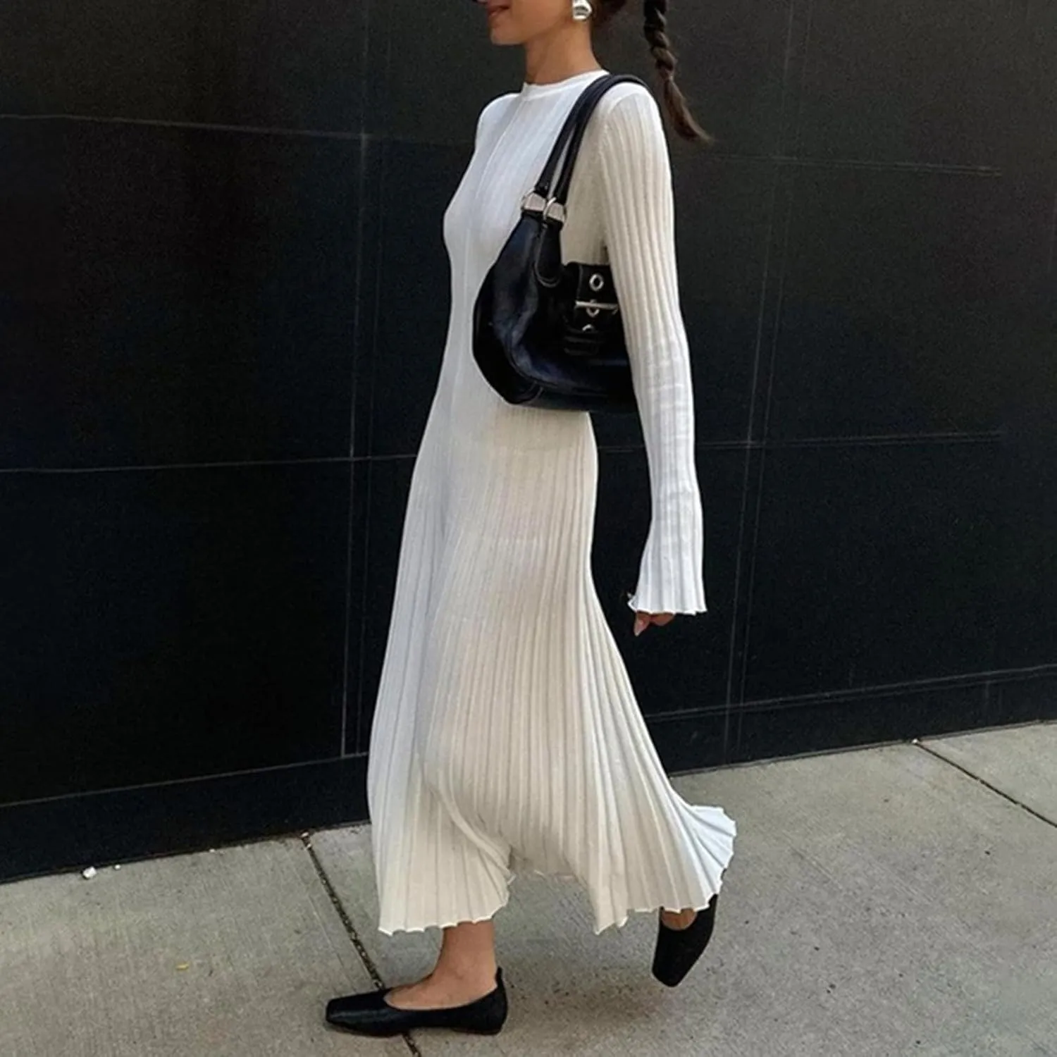 WZTYYDS Women Fall Long Sleeve Knit Dress Elegant Bodycon Dress Crew Neck Ribbed Solid Long Dress Streetwear