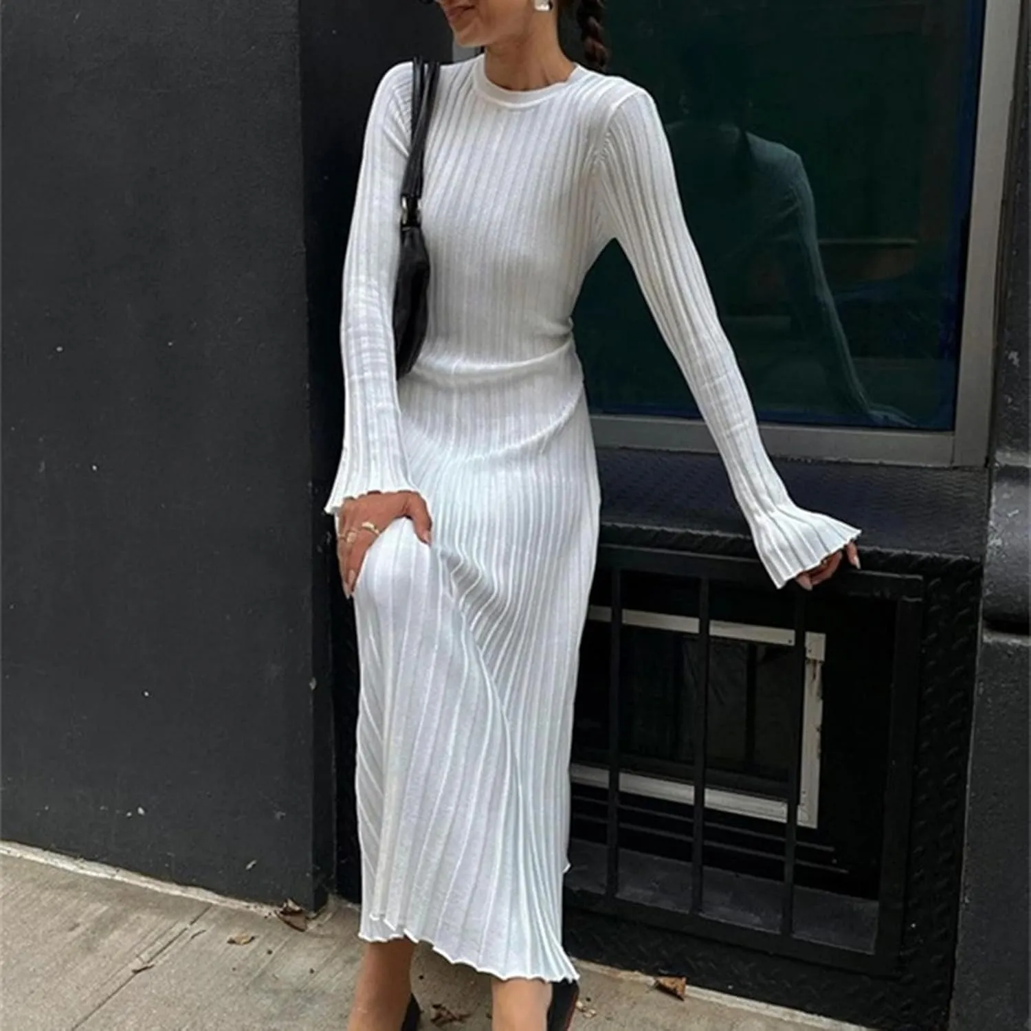WZTYYDS Women Fall Long Sleeve Knit Dress Elegant Bodycon Dress Crew Neck Ribbed Solid Long Dress Streetwear