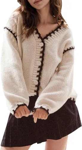 YKR Chunky Knit Cardigan for Women Open Front Contrast Trim Sweaters Button Down Long Sleeve V-Neck Outerwear Coats